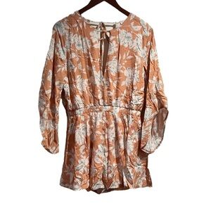 Blush Peach Floral Print Romper Bell Sleeve Large